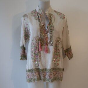 Womens BELL By Alicia Bell Ivory, Pink, Green Floral Sequin Tunic Top M
